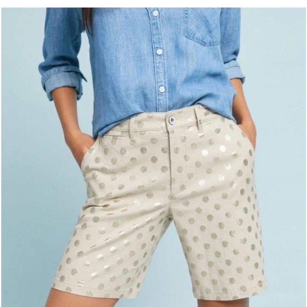 Anthropologie Linen Blend Neutral Gold Polka Dot Shorts NWT Size 30